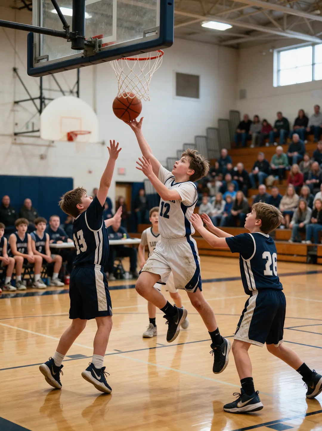 A middle schooler going up for a layup in a packed school gym