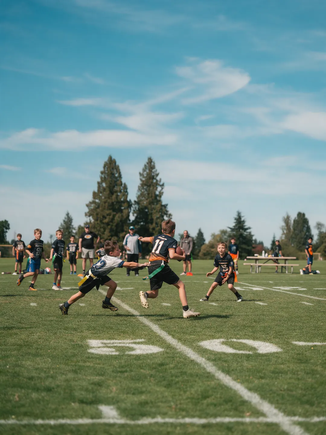A flag football runner cutting upfield as a defender reaches for a flag