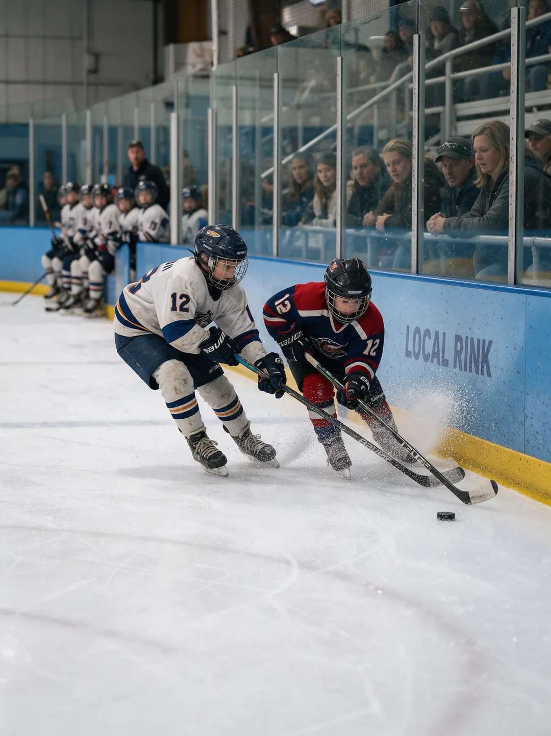 Two youth hockey players chasing the puck along the boards