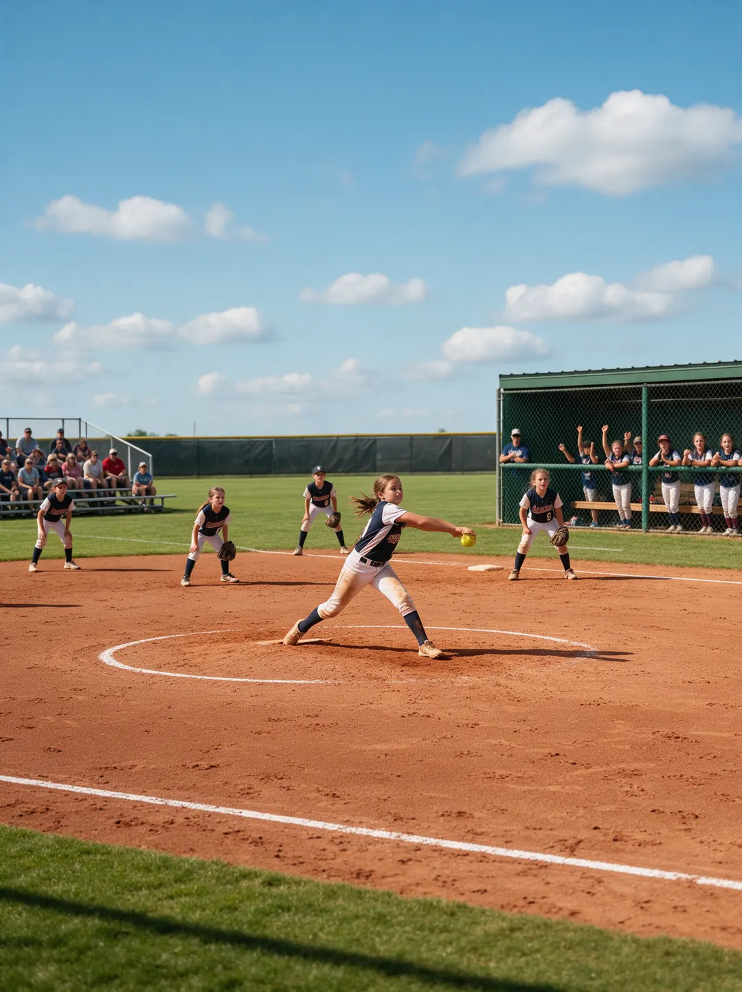 A softball pitcher mid-windmill with her team cheering from the dugout