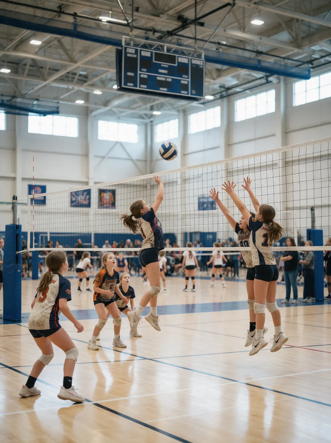 A hitter rising at the net at a club volleyball tournament